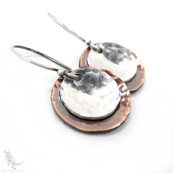 Mixed Metal Aged Copper & Sterling Silver Earrings, Small Upcycled Hammered Silver Dangle Earrings, Rustic Minimalist Earrings Boho Jewelry
