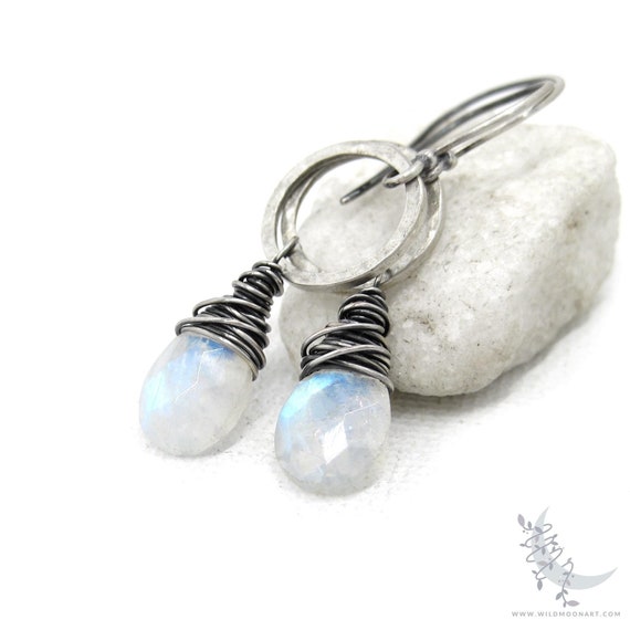 Moonstone Earrings, Sterling Silver Dangle Earrings, Minimalist Hammered Silver Rainbow Moonstone Jewelry, June Birthstone Birthday Gift