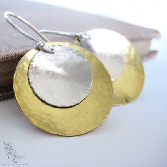 Mixed Metal Raw Brass & Sterling Silver Earrings, Large Hand Hammered Upcycled Metal Dangle Earrings, Gold Silver Boho Minimalist Jewelry