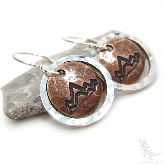 Mixed Metal Mountain Earrings, Sterling Silver & Copper Hammered Dangle Earrings, Rustic Minimalist Mountain Nature Colorado Jewelry Gift