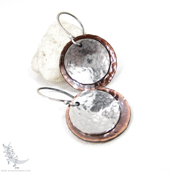 Mixed Metal Aged Copper & Sterling Silver Earrings, Hand Hammered Silver and Copper Dangle Earrings, Rustic Boho Minimalist Jewelry Gift