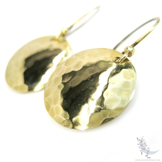 Hand Hammered Brass Earrings, Small Minimalist Raw Brass Dangle Earrings,  Coin Disc Round Golden Brass Jewelry, Boho Gold Moon Jewelry Gift