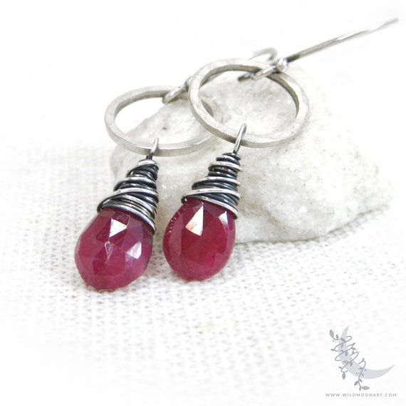 Ruby Earrings, Sterling Silver Dangle Earrings, Minimalist Hammered Silver Genuine Red Ruby Gemstone Earrings, July Birthstone Birthday Gift