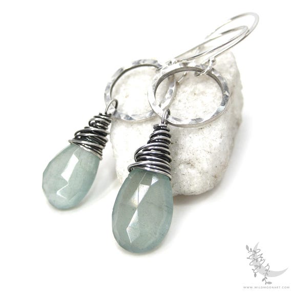 Aquamarine Earrings, Hammered Sterling Silver Dangle Earrings, Genuine Aquamarine Gemstone Earrings, March Birthday Birthstone Jewelry Gift