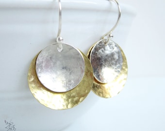 Mixed Metal Raw Brass & Sterling Silver Earrings, Hand Hammered Upcycled Metal Dangle Earrings, Eclipse Silver Gold Boho Minimalist Jewelry