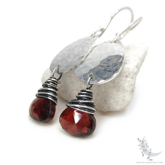 Garnet Earrings, Hammered Teardrop Sterling Silver Dangle Earrings, Petite Red Garnet Gemstones, January Birthday Birthstone Jewelry Gift