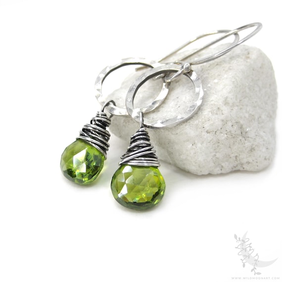 Peridot Earrings, Hammered Sterling Silver Peridot Dangle Earrings, Petite Green Peridot Gemstones, August Birthday Birthstone Jewelry Gift