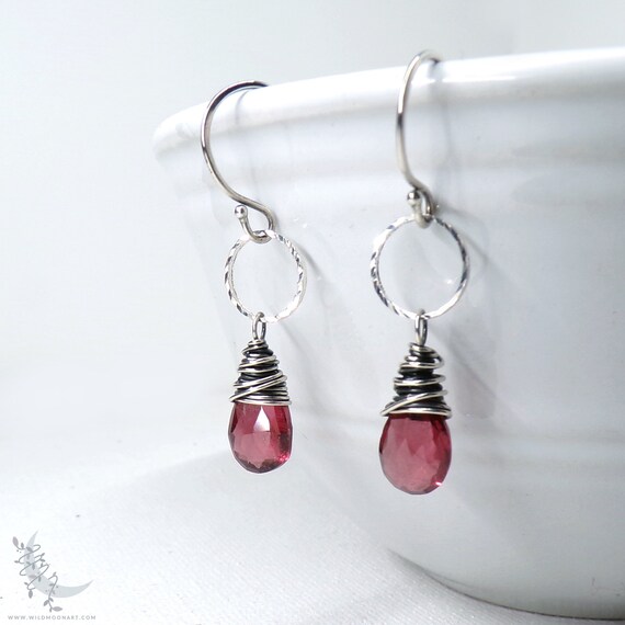 Dainty Garnet Earrings, Sterling Silver Dangle Earrings, Petite January Birthday Birthstone Jewelry, Wire Wrapped Wine Red Garnet Gemstones