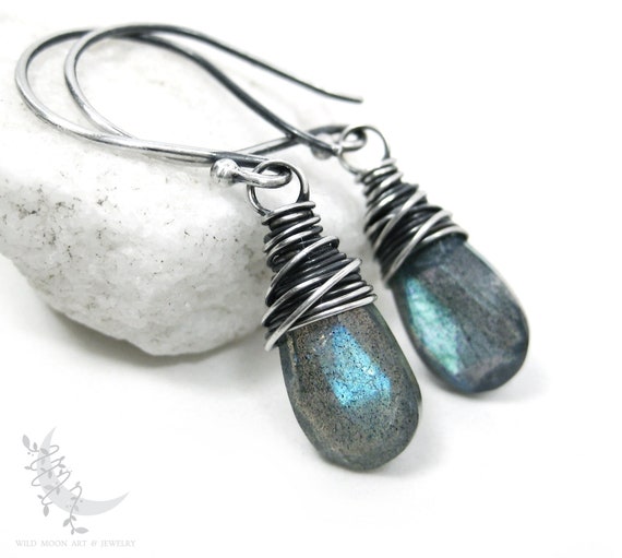 Labradorite Earrings, Sterling Silver Dangle Earrings, Petite Faceted Teal Blue Labradorite Earrings, Wire Wrapped Labradorite Jewelry Gift