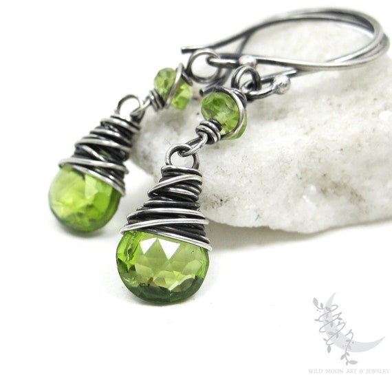 Peridot & Sterling Silver Dangle Earrings, Petite August Birthday Birthstone Jewelry, Genuine Peridot Gemstone Handmade Jewelry Gift for Her