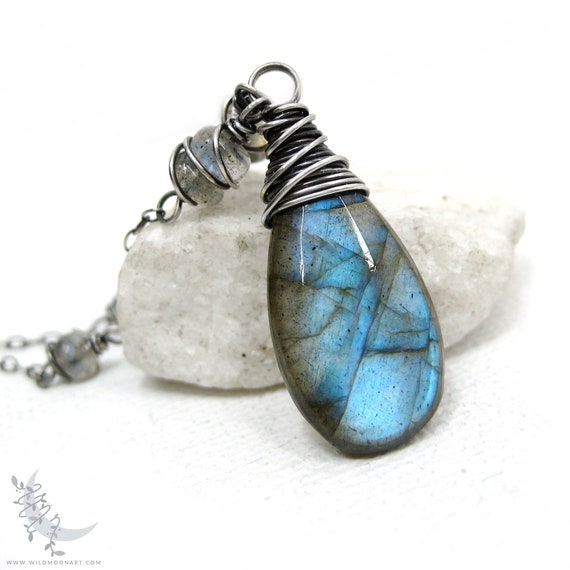 Labradorite Necklace, Sterling Silver Labradorite Pendant, Teal Blue Labradorite Gemstone, Wire Wrapped Fine Silver Labradorite Jewelry Gift