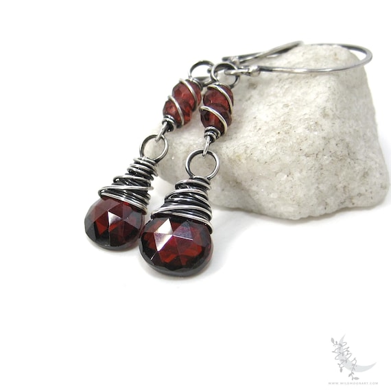 Garnet Earrings, Sterling Silver Dangle Earrings, January Birthday Birthstone Jewelry Gift, Wire Wrapped Petite Red Genuine Garnet Gemstones