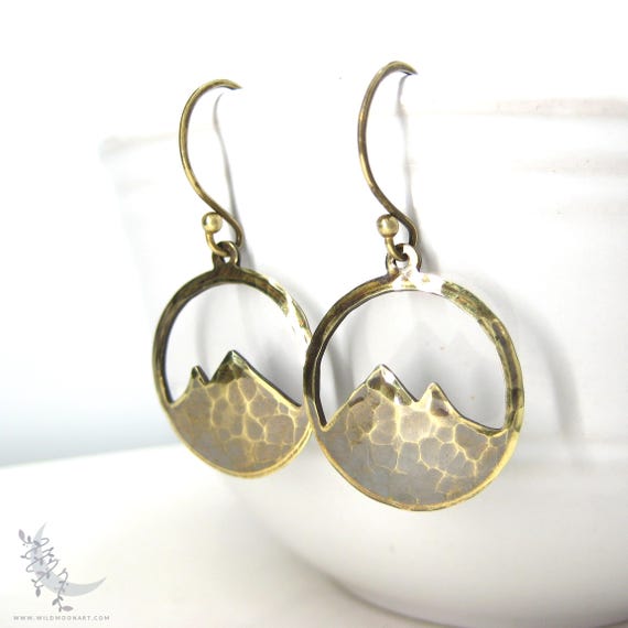 Hammered Brass Mountain Earrings, Aged Brass Small Minimalist Colorado Mountain Dangle Earrings, Hiking Outdoors Nature Boho Jewelry Gift