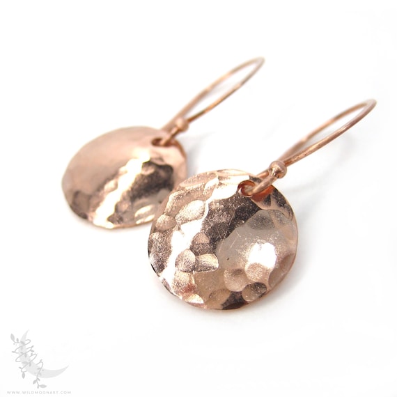 Small Hand Hammered Copper Earrings, Minimalist Copper Dangle Earrings, Tiny Coin Disc Round Pure Copper Boho Jewelry, Full Moon Lunar Gift