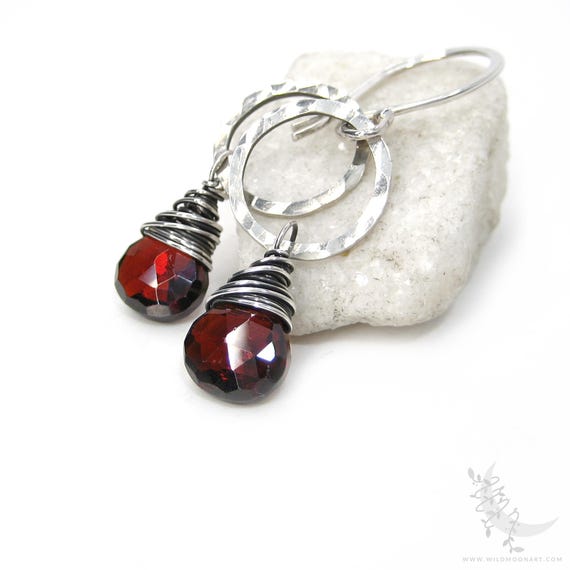 Garnet Earrings, Hammered Sterling Silver Dangle Earrings, Petite Burgundy Red Garnet Gemstones, January Birthday Birthstone Jewelry Gift