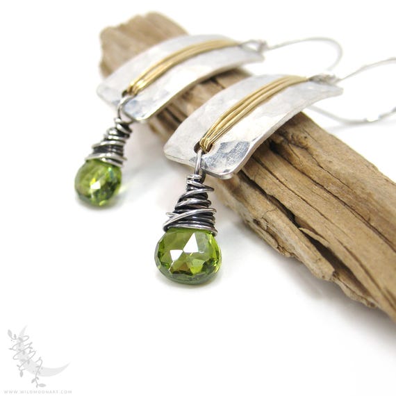 Peridot Earrings, Hammered Sterling Silver Dangle Earrings, Mixed Metal Brass Gold & Silver Rectangle Geometric Jewelry, August Birthstone