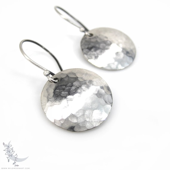 Hand Hammered Sterling Silver Earrings, Small Minimalist Matte Silver Dangle Earrings, Coin Disc Round Upcycled Metal Earrings, Full Moon