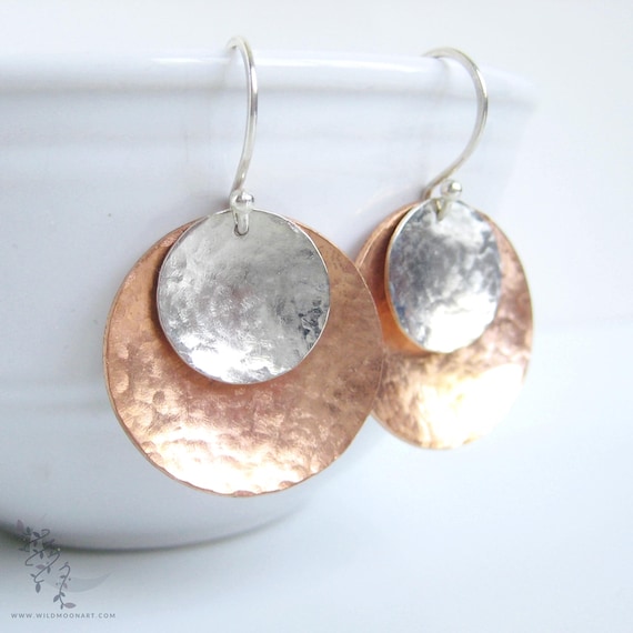 Mixed Metal Copper & Sterling Silver Earrings, Large Hammered Upcycled Metal Silver and Copper Dangle Earrings, Boho Minimalist Jewelry Gift