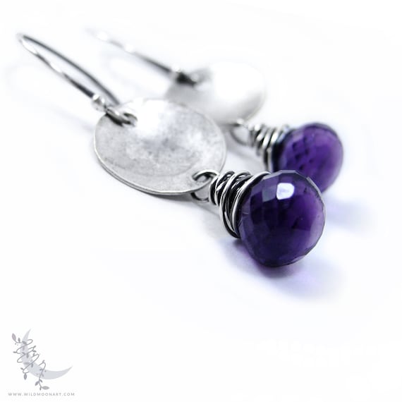 Amethyst Dangle Earrings, Dainty Sterling Silver Hammered Coin Disc Drop Earrings, Purple February Birthday Birthstone Jewelry