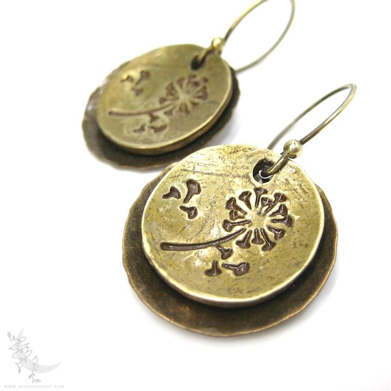 Dandelion Earrings, Hand Hammered Brass & Bronze Rustic Flower Dangle Earrings, Antiqued Minimalist Nature Earrings, Floral Boho Jewelry