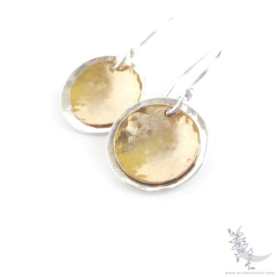 Mixed Metal Sterling Silver & Gold Earrings, Small Hammered Silver and Gold Dangle Earrings, Circle Solar Lunar Eclipse Jewelry Gift for Her