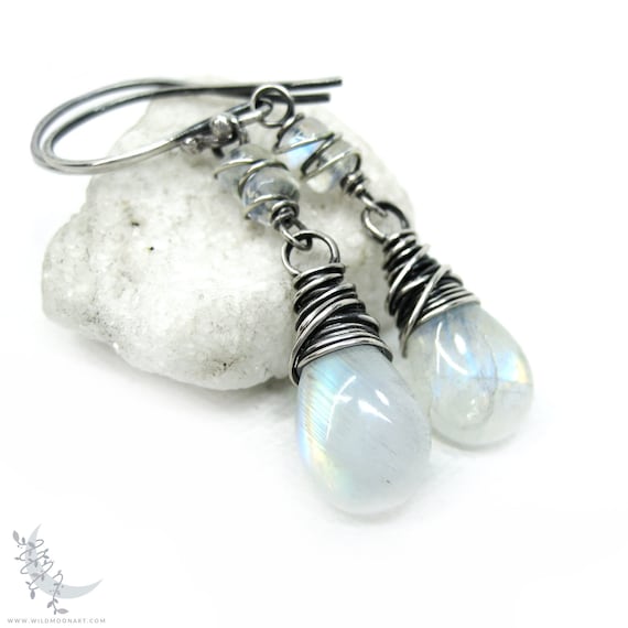 Moonstone Earrings, Sterling Silver Dangle Earrings, June Birthday Birthstone Jewelry Gift, Rainbow Moonstone Jewelry Silver Blue Moon Stone