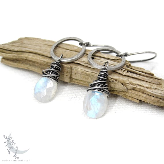 Moonstone Earrings, Sterling Silver Dangle Earrings, Minimalist Hammered Silver Rainbow Moonstone Jewelry, June Birthstone Birthday Gift