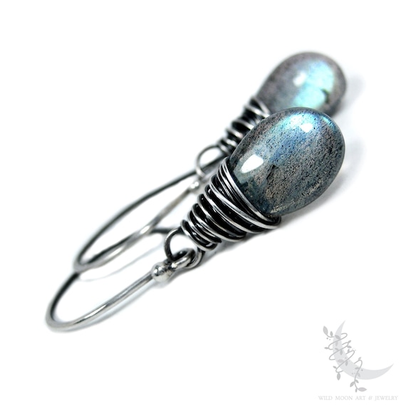 Labradorite Earrings, Sterling Silver Dangle Earrings, Petite Smooth Teal Blue Labradorite Earrings, Wire Wrapped Labradorite Jewelry Gift