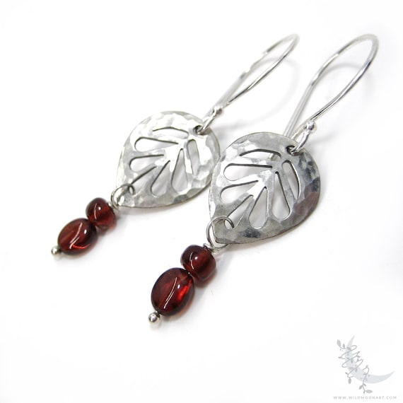 Dainty Garnet Leaf Earrings, Sterling Silver Hammered Dangle Earrings, January Birthstone Jewelry, Petite  Leaves Red Garnet Jewelry Gift