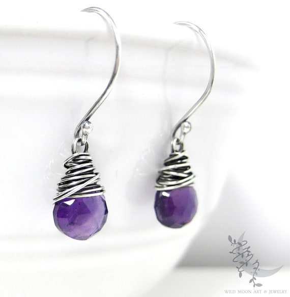 Dainty Amethyst Earrings, Sterling Silver Dangle Earrings, Petite February Birthday Birthstone Jewelry, Purple Amethyst Gemstone Jewelry