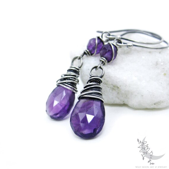 Amethyst Earrings, Sterling Silver Amethyst Dangle Earrings, February Birthstone Birthday Purple Amethyst Genuine Gemstone Handmade Jewelry