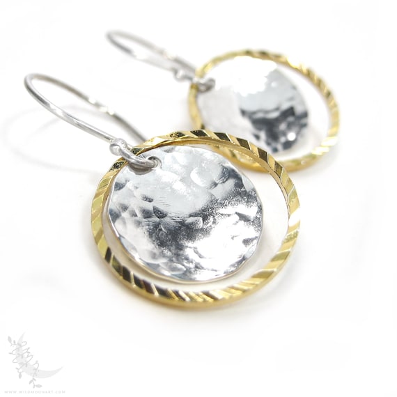 Mixed Metal Silver & Gold Earrings, Small Hoop Hammered Dangle Earrings, Gold Fill Sterling Silver Disc Lightweight Minimalist Jewelry Gift