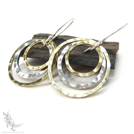 Mixed Metal Brass & Sterling Silver Earrings, Hammered Silver Circle Dangle Earrings, Upcycled Silver and Gold Geometric Minimalist Jewelry