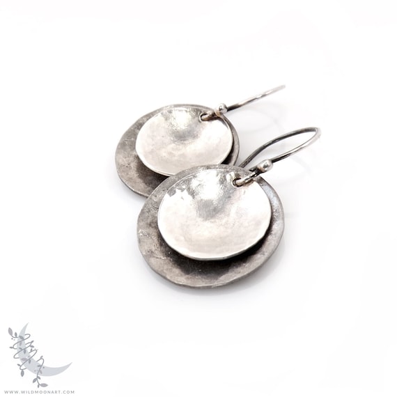 Mixed Metal Sterling Silver Earrings, Two Tone Silver, Small Hammered Upcycled Metal Dangle Earrings, Minimalist Boho Lunar Eclipse Jewelry