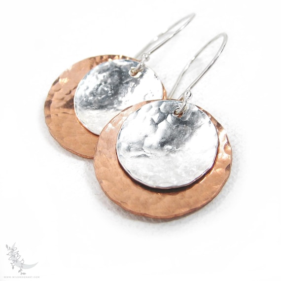 Mixed Metal Copper & Sterling Silver Earrings,  Handmade Hammered Upcycled Metal Silver Copper Minimalist Dangle Earrings, Boho Jewelry Gift