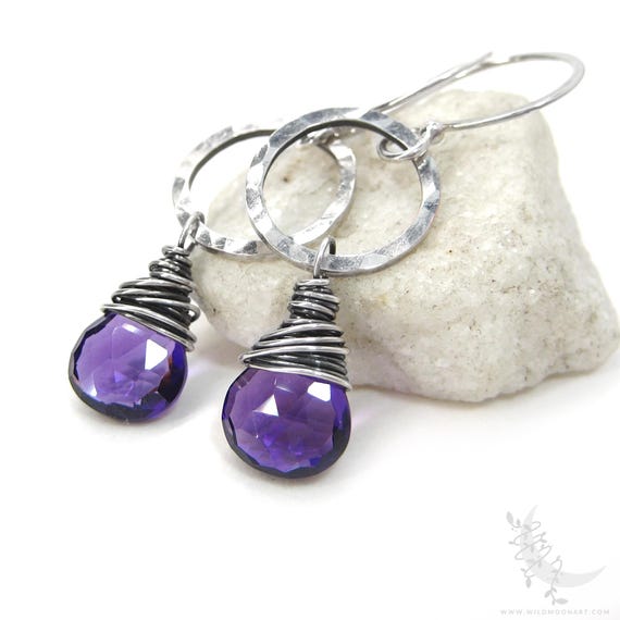 Amethyst Earrings, Hammered Sterling Silver Dangle Earrings, Petite Purple Amethyst Gemstones, February Birthday Birthstone Jewelry Gift