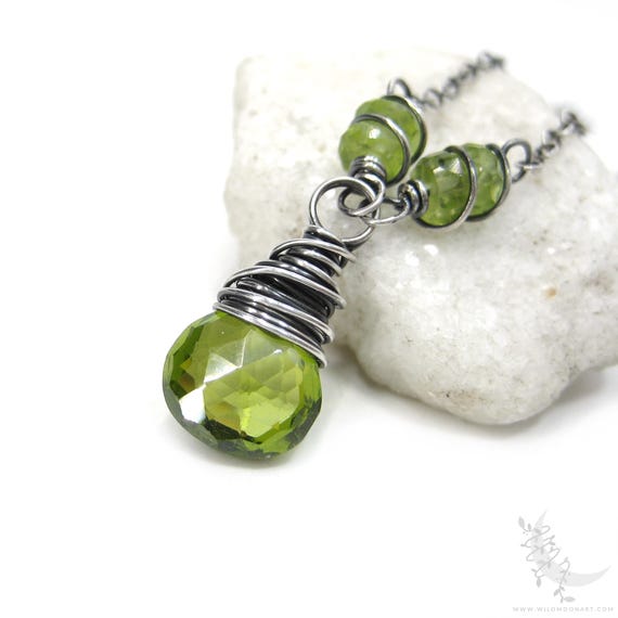 Peridot & Sterling Silver Necklace, Dainty Genuine Peridot Pendant, August Birthday Birthstone Jewelry, Wire Wrapped Peridot Jewelry Gift