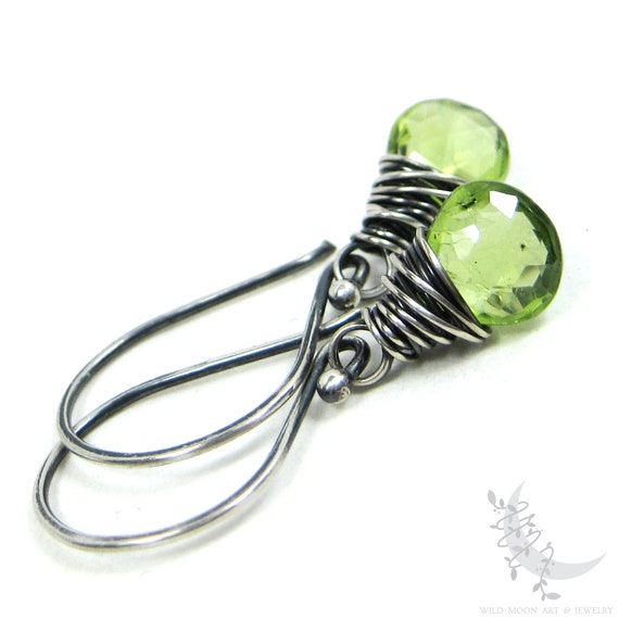 Dainty Peridot Earrings, Sterling Silver Dangle Earrings, Wire Wrapped Genuine Gemstone Peridot Earrings, August Birthday Birthstone Jewelry