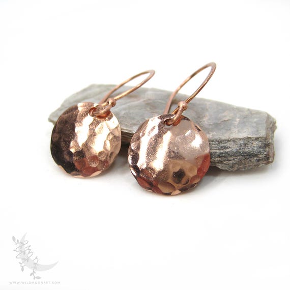 Small Hand Hammered Copper Earrings, Minimalist Copper Dangle Earrings, Tiny Coin Disc Round Pure Copper Boho Jewelry, Full Moon Lunar Gift