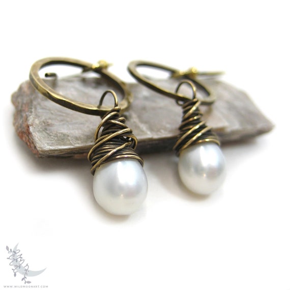 Pearl Earrings, Freshwater Pearl & Hand Hammered Aged Brass Dangle Earrings, Rustic Boho Wedding Earrings, June Birthday Birthstone Jewelry