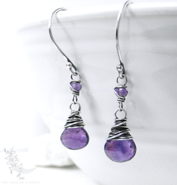Amethyst Earrings, Sterling Silver Dangle Earrings, Petite February Birthday Birthstone Jewelry, Genuine Purple Amethyst Gemstone Earrings