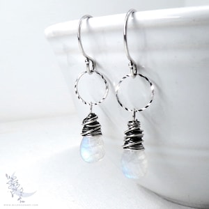 Dainty Moonstone Earrings, Sterling Silver Dangle Earrings, Petite June Birthday Birthstone Jewelry, Wire Wrapped Rainbow Moonstone Gift