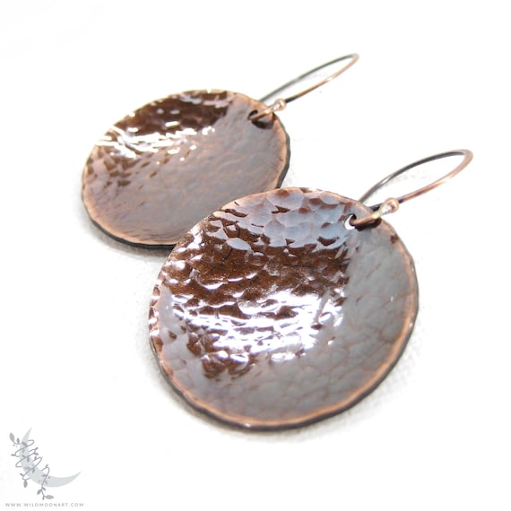 Aged Copper Earrings, Hand Hammered Circle Copper Dangle Earrings Large Round Rustic Boho Minimalist Earrings, Geometric Copper Jewelry Gift