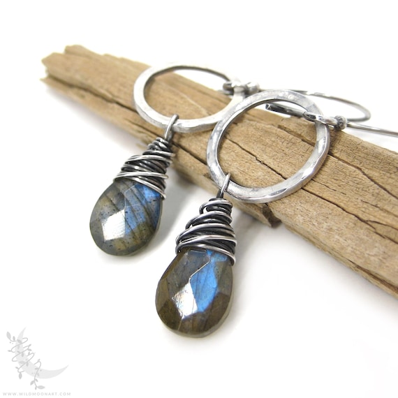 Blue Labradorite Earrings, Sterling Silver Labradorite Dangle Earrings, Petite Hammered Silver Labradorite Boho Minimalist Jewelry Gift