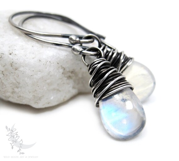 Moonstone Earrings, Sterling Silver Rainbow Moonstone Dangle Earrings, Petite Wire Wrapped Blue Moon Stone, June Birthday Birthstone Jewelry