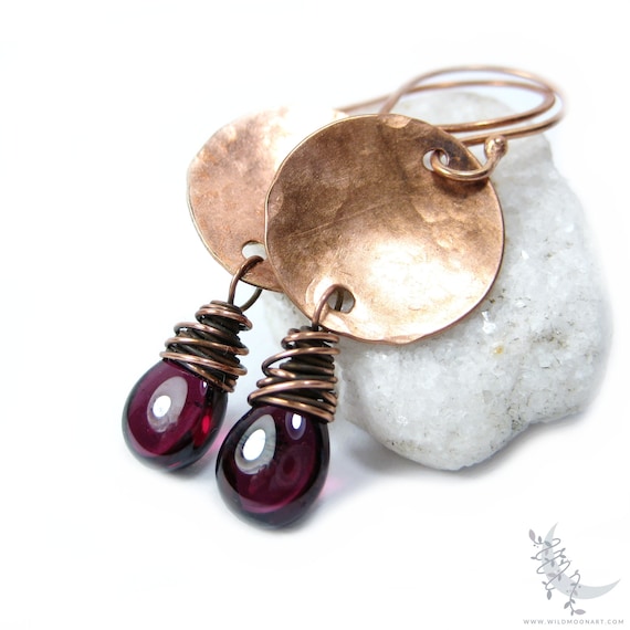 Garnet Copper Earrings, Hand Hammered Copper Dangle Earrings, Genuine Garnet Drop Earrings, Petite January Birthday Birthstone Jewelry