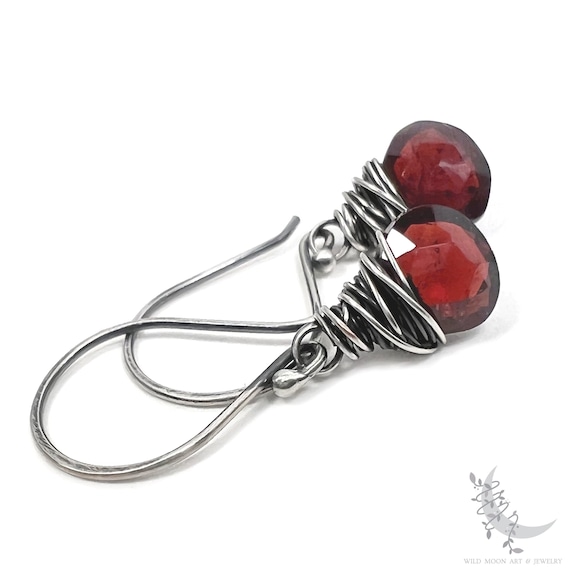 Dainty Garnet Earrings, Sterling Silver Dangle Earrings, Wire Wrapped Petite Red Garnet Gemstones, January Birthday Birthstone Jewelry Gift