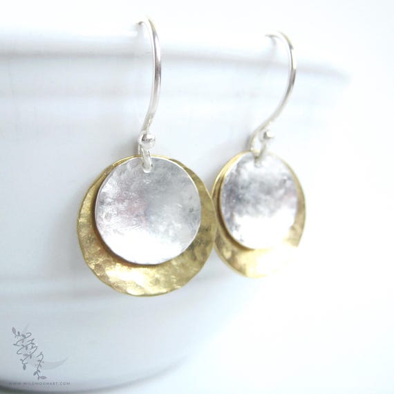Mixed Metal Brass & Sterling Silver Earrings, Small Hammered Silver Dangle Earrings, Upcycled Metal Silver Gold Geometric Minimalist Jewelry