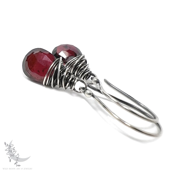 Dainty Garnet Earrings, Sterling Silver Dangle Earrings, Petite Small January Birthday Birthstone Jewelry, Wire Wrapped Wine Red Gemstone