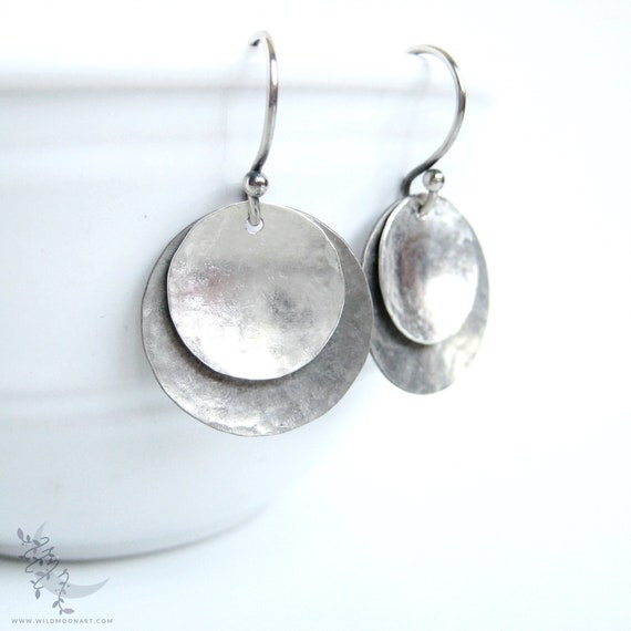 Mixed Metal Sterling Silver Earrings, Hammered Two Tone Metal Antiqued & Shiny Silver Dangle Earrings, Minimalist Boho Lunar Eclipse Jewelry
